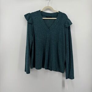 Zac & Rachel Ruffle Shoulder Top Teal Women XL V-Neck Ribbed Knit Long Sleeve